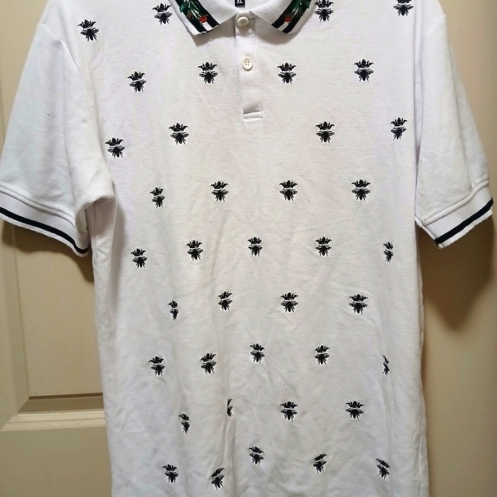 FRPLY White Polo Shirt with Black Bee Print and Red Rose Embroidery